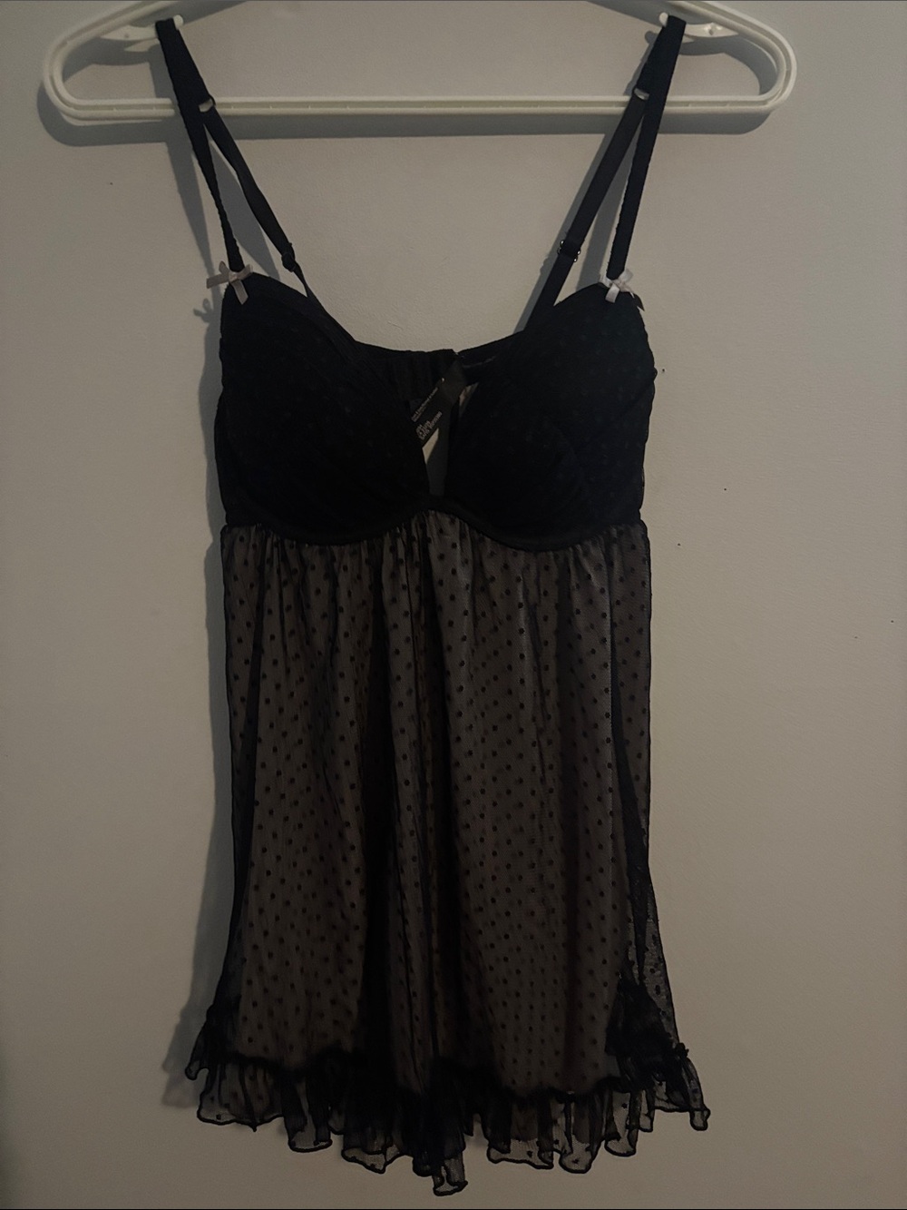 Y2K La SENZA Black Sheer Polka Dot Babydoll Chemise with Molded Cups